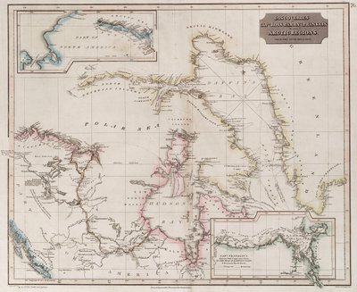 Kartta, jossa esitetään Rossin, Parryn ja Franklinin löytöjä arktisella alueella vuosina 1818-1827, noin 1830 (värillinen kaiverrus). tekijältä British School