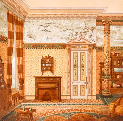 Suunnittelu esteettiseen sisustukseen, julkaisusta "Interior Decorations Designed by McCulloch & Gow", julkaistu 1880-luvulla (värilitho) tekijältä British School