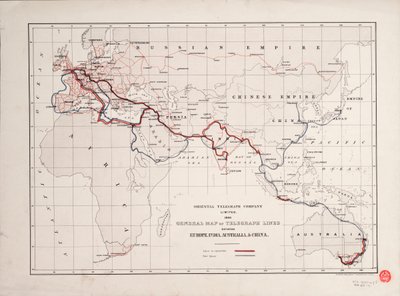 Yleiskartta Euroopan, Intian, Australian ja Kiinan välisistä lennätinlinjoista. tekijältä British School