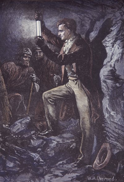 Humphry Davy Davy-turvalampulla kaivostyöläisille, keksitty vuonna 1815 (käsinvärinen puukaiverrus) tekijältä British School