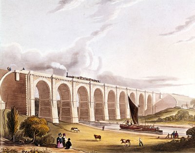 Teollinen vallankumous: näkymä Sankey-laakson ylittävälle rautatiesillalle. Kilpi otettu "" Liverpool & Manchester Railwaysta", Lontoo 1832. tekijältä British School