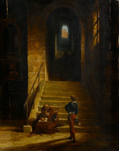 Linnan sisätilat, istuva munkki, n. 1850 (öljy kankaalle) tekijältä British School
