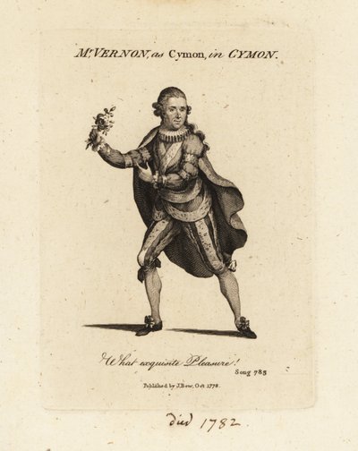 Rouva Joseph Vernon Cymonina laulamassa Thomas Arnen kantaattia Cymon ja Iphigenia tekijältä British School
