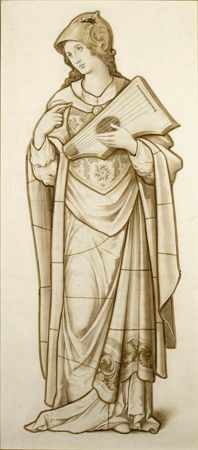 Muse of Lyric Poetry - Sarjakuva lasimaalauksille, n. 1890 (akvarelli paperille) tekijältä British School