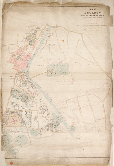 Lucknowin kartta, piirretty vuonna 1856 tehdystä kartoituksesta, jonka teki luutnantti Moorsom, 52. divisioona. Jalkaväkiluutnantti. (Esittänyt kapteeni Moorsom, C.E.), noin 1856 (silkki, paperi). tekijältä British School