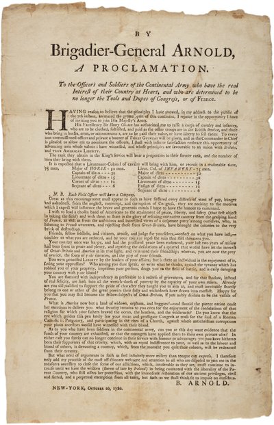 Julistus Manner-Armeijan upseereille ja sotilaille, 20. lokakuuta 1780 tekijältä British School