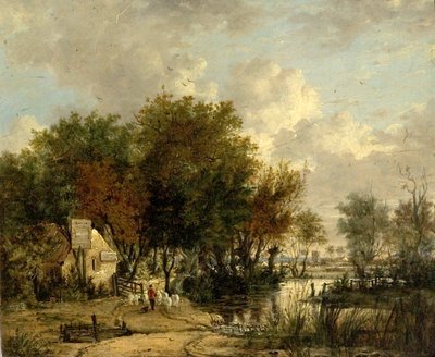 River Scene, poika ajaa lampaita (öljy puulle) tekijältä British School