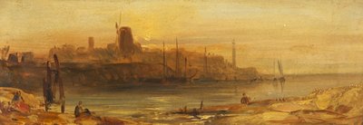 Auringonlasku: Seaport and Lighthouse, n. 1825 (öljy paperille asetettu kankaalle) tekijältä British School