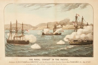 Meritaistelu Tyynellämerellä HMS "Shah" ja "Amethyst" sekä Perun kapinallisen, rautalaivan torni Ram Huascarin välillä Ilon edustalla 29. toukokuuta 1877. tekijältä British School