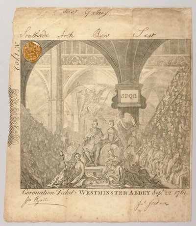 Lippu George III:n kruunausseremoniaan Westminster Abbeyssa, kaiverrus George Bickham, 22. syyskuuta 1761 (kaiverrus) tekijältä British School