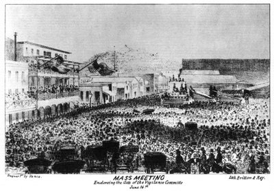 Joukkokokous Fort Vigilantin ulkopuolella, Sacramento, Kalifornia, 1856 1937. tekijältä Britton and Rey