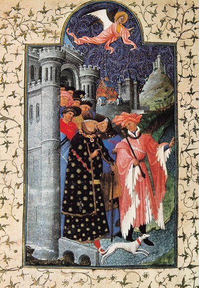 Herttua Jean de Berry (1340-1416) ja hänen kiinteistönhoitajansa. Jean Limbourgin (1370-1416) pienoismalli elokuvalle "The Tres Riches Heures du Duc de Berry" noin 1440 Paris. B.N. tekijältä Brothers Limbourg