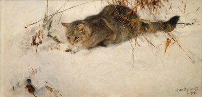 Kissa vaanii hiirtä lumessa tekijältä Bruno Andreas Liljefors