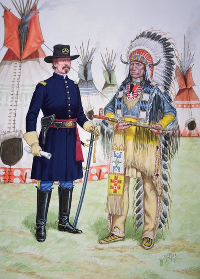 Oglala-siouxien päällikkö Red Cloud tarjoaa rauhanpiippua Yhdysvaltain ratsuväen 5. rykmentin upseerille Fort Laramien sopimuksen allekirjoittamisen yhteydessä vuonna 1868, kuudesta taulukosta koostuvasta sarjasta. tekijältä Bryan Fosten