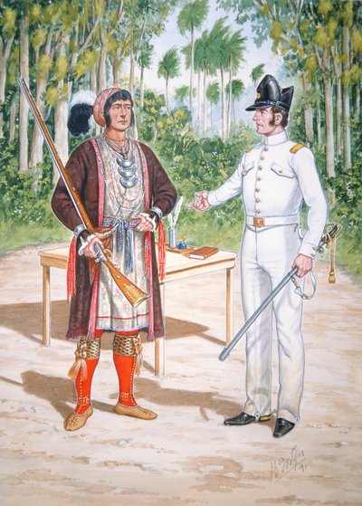 Osceola, Seminole-kansan päällikkö sopimuksessa Yhdysvaltain 2. draguunirykmentin upseerin kanssa Floridassa. tekijältä Bryan Fosten