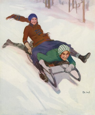 Kaksi naista kelkkailemassa (värilitro) tekijältä Brynolf Wennerberg
