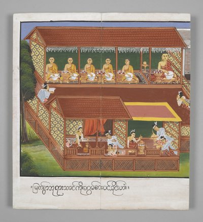 Tai. 13534, f.18, Munkit kulhoineen, Kohtauksia Buddhan elämästä (pergamentti) tekijältä Burmese School