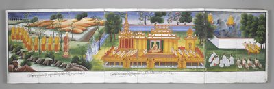 Tai. 13534, f.30 Palatsikohtaus, kohtauksia Buddhan elämästä (pergamentti) tekijältä Burmese School