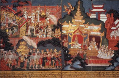Tai 14297 fol.6-7 Tulevaisuuden Buddhan syntymä, n. 1800-20 (guassi paperilla) tekijältä Burmese School