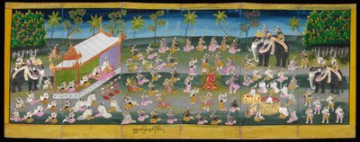Parabaik-kuva, jossa näkyy kuninkaallinen festivaali veden päällä, tai 16761, f. 28r (paperin taittokirja) tekijältä Burmese School