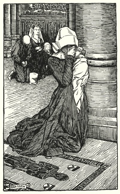 Kuvitus Charles Readen luostarille ja tulisijalle (litho) tekijältä Byam (after) Shaw