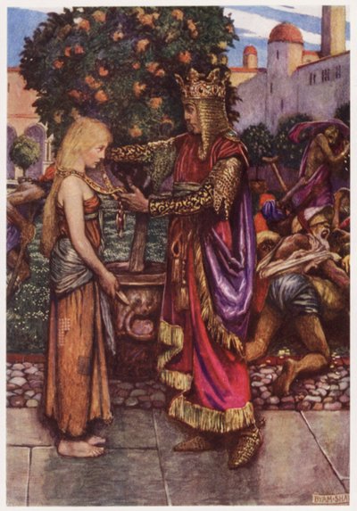 "Kuningas hän kutsui hänet takaisin, / ja hänelle hän antoi ketjunsa" (väri litho) tekijältä Byam (after) Shaw