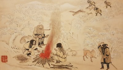 Sika Deer Metsästys. Sarjasta Ainu, 1800-luvun toinen puoli.. tekijältä Byozan Hirasawa