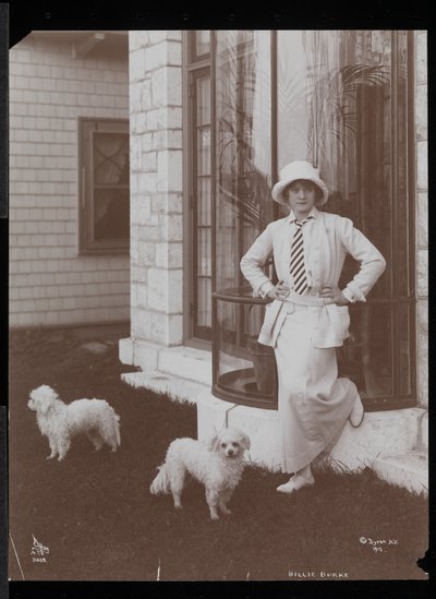 Billie Burke ja kaksi koiraa Burkeleigh Crestissä, hänen talossaan Hastingsonissa, New Yorkissa, 1912 (hopeagelatiiniprintti) tekijältä Byron Company