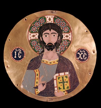 Bysanttilainen taide: "" christ pantocrator"" (Kristus kirkkaudessa) Jeesuksen Kristuksen aureoli on merkitty ristillä ja se voidaan lukea christogrammista ICXC - 10. vuosisadan emali Madrid, Museo Lazaro Galdiano - Bysantin taide: Christ Pantocrator (Kris tekijältä Byzantine