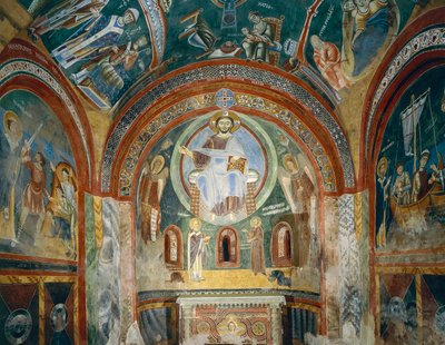 Pyhän Eldradin ja Pyhän Nikolauksen kappeli romaanisilla freskoilla bysanttilaiseen tyyliin, 1000-luvun loppu, Novalesan luostari, Piemonte, Italia tekijältä Byzantine