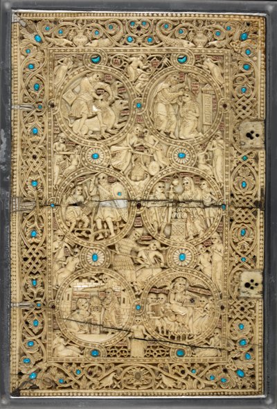 Egerton MS 1139 Yläkansi, jossa on kohtauksia Daavidin elämästä, "Queen Melisende Psalter", Jerusalem, n. 1131-40 (norsunluu ja turkoosi) tekijältä Byzantine