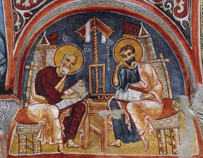 Evankelistit Luukas ja Matteus kirjoittavat evankeliumia, Karanlik Kilise (Pimeä kirkko) (1100-1200-luku), Goreme (Unescon maailmanperintöluettelo) tekijältä Byzantine
