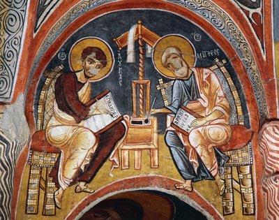 Evankelistit Markus ja Johannes kirjoittavat evankeliumia, Karanlik Kilise (Pimeä kirkko) (1100-1300-luku), Goreme (Unescon maailmanperintöluettelo) tekijältä Byzantine