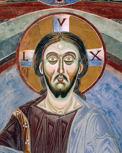Christ Pantocrator kasvot, yksityiskohta romaanisista freskoista bysanttilaiseen tyyliin, 1000-luvun loppu, Pyhän Eldradin ja Pyhän Nikolauksen kappeli, Novalesan luostari, Piemonte, Italia tekijältä Byzantine