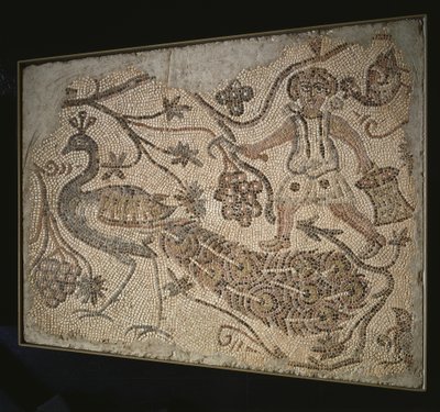 Lattiamosaiikkipaneeli: Rypäleenkorjuukone riikinkukon kanssa, 400s tekijältä Byzantine