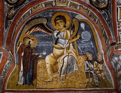 Pyhät naiset haudalla ja enkelin ulkoasu, bysanttilainen fresko (1100-luku), Karanlik Kilise (pimeä kirkko) (1100-1300-luku), Goreme (Unescon maailmanperintöluettelo) tekijältä Byzantine
