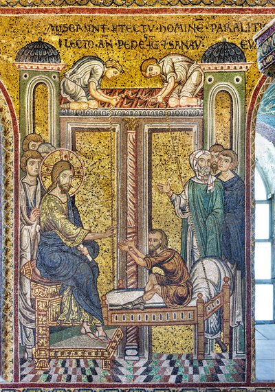 Jeesus parantaa halvaantuneen, Bysantin mosaiikki, Jaksot Kristuksen elämästä, XII-XIII vuosisataa (mosaiikki) tekijältä Byzantine