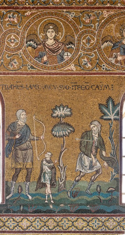 Lamek tappaa Kainin, bysanttilainen mosaiikki, Vanhan testamentin sykli-maallinen paratiisi, XII-XIII vuosisata (mosaiikki). tekijältä Byzantine