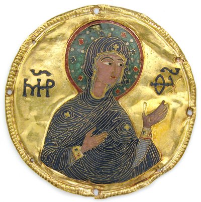 Neitsyen medaljonki ikonikehyksestä, n. 1100 (kulta-, hopea- ja emalikloisonné) tekijältä Byzantine