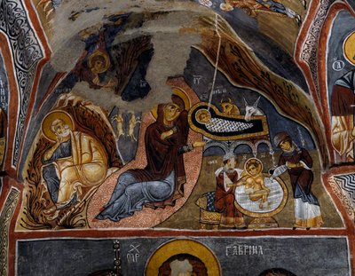 Syntymä, bysanttilainen fresko (1100-luku), Karanlik Kilise (pimeä kirkko) (1100-1200-luku), Goreme (Unescon maailmanperintöluettelo) tekijältä Byzantine