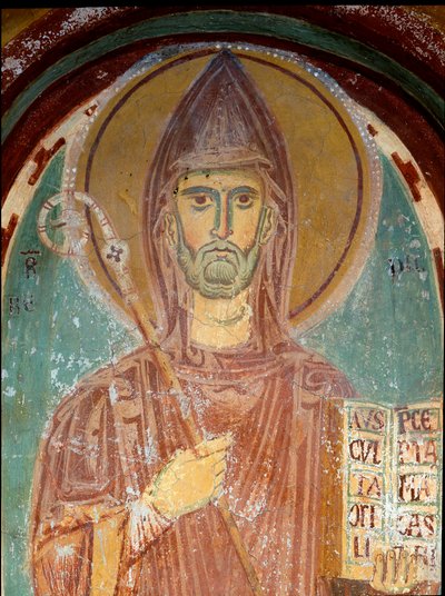 Pyhän Benedictus Nursielaisen esitys (6. vuosisata) Yksityiskohta bysanttilaisen koulukunnan freskosta. 1300-luvun alku. Pyhän Benoitin luostari (Sacro Speco), Pyhän Gregoire a Subiacon kappeli (Rooma), Italia tekijältä Byzantine