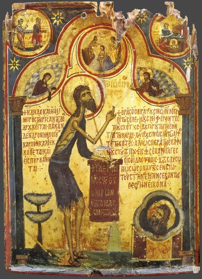Pyhä Johannes edelläkävijä kohtauksineen elämästään 1200-luvulta tekijältä Byzantine