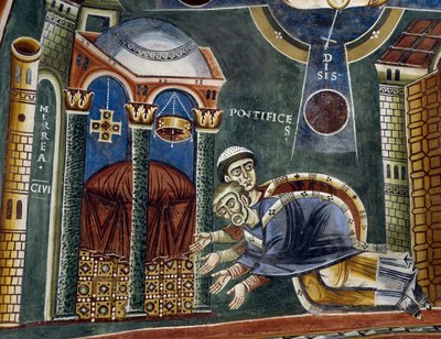 Pyhä Nikolaus Myran piispaksi vihitty, yksityiskohta Pyhän Nikolauksen tarinoista, romaaninen fresko, bysanttilainen tyyli, 1000-luvun loppu, Pyhän Eldradin ja Pyhän Nikolauksen kappeli, Novalesan luostari, Piemonte, Italia. tekijältä Byzantine
