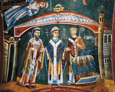 Pyhä Nikolaus Myran piispaksi vihitty, yksityiskohta Pyhän Nikolauksen tarinoista, romaaninen fresko, bysanttilaista tyyliä, 1100-luvun loppupuoli, Pyhän Eldradin ja Pyhän Nikolauksen kappeli, Novalesan luostari, Piemonte, Italia. tekijältä Byzantine