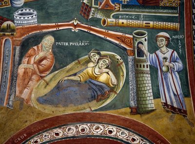 Pyhä Nikolaus pelastaa rikkaan, köyhyyteen joutuneen kauppiaan ja maksaa tyttäriensä myötäjäiset, Yksityiskohta Pyhän Nikolauksen tarinoista, romaaninen fresko, bysanttilainen tyyli, 1000-luvun loppu, Pyhän Eldradin ja Pyhän Nikolauksen kappeli, Novalesan  tekijältä Byzantine