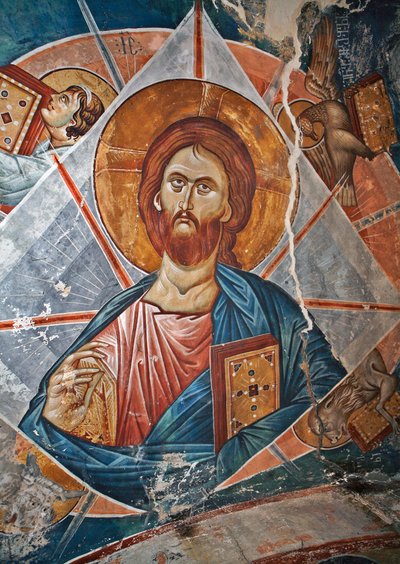 Salvator Mundi (Maailman pelastaja) - Peinture de Damiane (aktiivinen 1300-luku) - 1300-luku - Fresko - Pyhän Yrjön luostari, Ubisi (Georgie) ©FineArtImages/Leemage tekijältä Byzantine