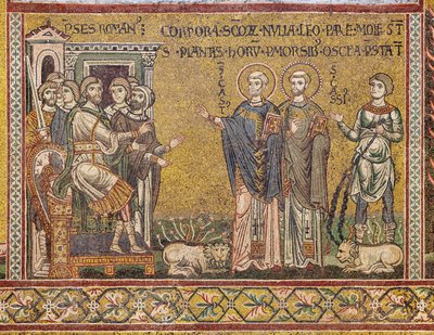 Pyhä Cassius ja St Casto ennen keisaria, bysanttilainen mosaiikki, XII-XIII vuosisata, vastajulkisivulla (mosaiikki) tekijältä Byzantine