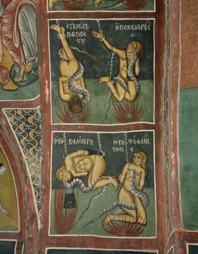 Kirotetut: Koronkiskontaja ja syntinen nunna (ylhäällä), vanhentunut pappi ja paha äiti (alla) (fresko) tekijältä Byzantine