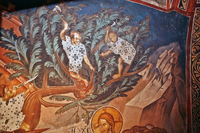 Kristuksen tulo Jerusalemiin. Yksityiskohta: Lapset leikkaamassa palmujen oksia - Peinture de Damiane (aktiivinen 1300-luku) - 1300-luku - Fresko - Pyhän Yrjön luostari, Ubisi ©FineArtImages/Leemage tekijältä Byzantine