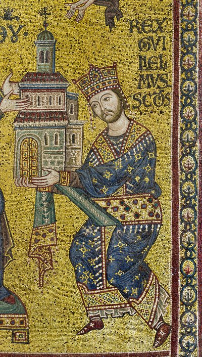 risteys: Bysanttilainen mosaiikki, joka kuvaa kuningas Vilhelm II:ta tarjoamassa katedraalia Neitsyt Marialle, yksityiskohta (mosaiikki) tekijältä Byzantine